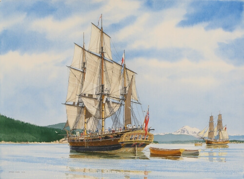 HMS Discovery & Chatham Becalmed in Rosario Strait – June 9, 1792